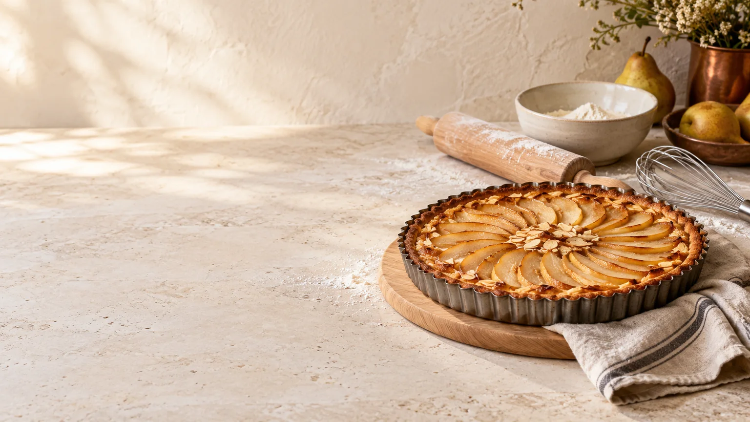 Préparation d’une tarte dans un atelier de pâtisserie lumineux aux tons crème et abricot.