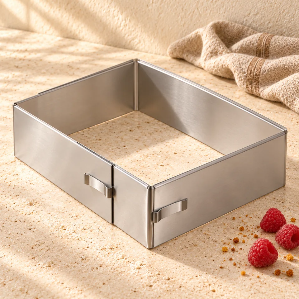 Cadre rectangulaire réglable en inox de 4smile, mise en situation en pâtisserie