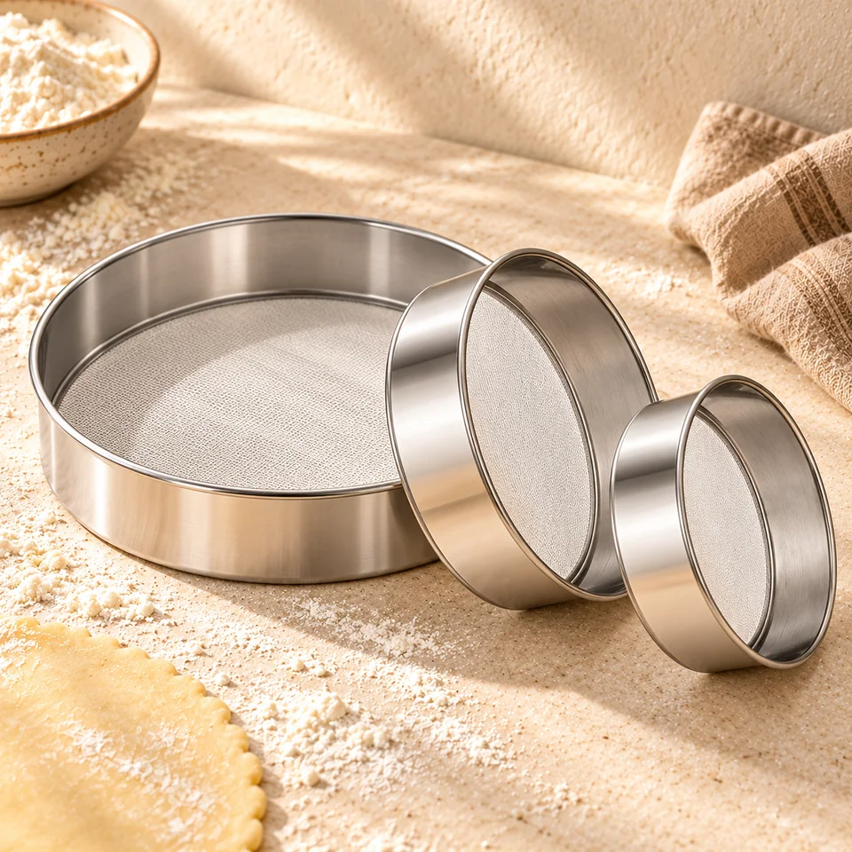 Trois tamis en inox 15, 20 et 25 cm de Aieraczy, mise en situation en pâtisserie