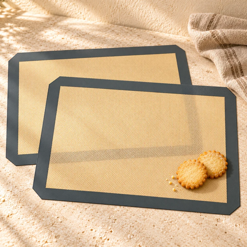 Deux tapis de cuisson en silicone de Amazon Basics, mise en situation en pâtisserie