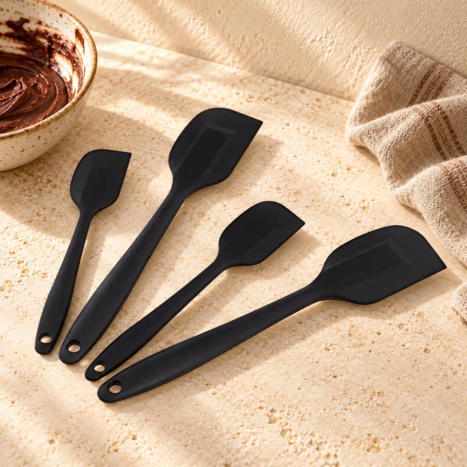 Quatre spatules en silicone noires de Amazon Basics, mise en situation en pâtisserie