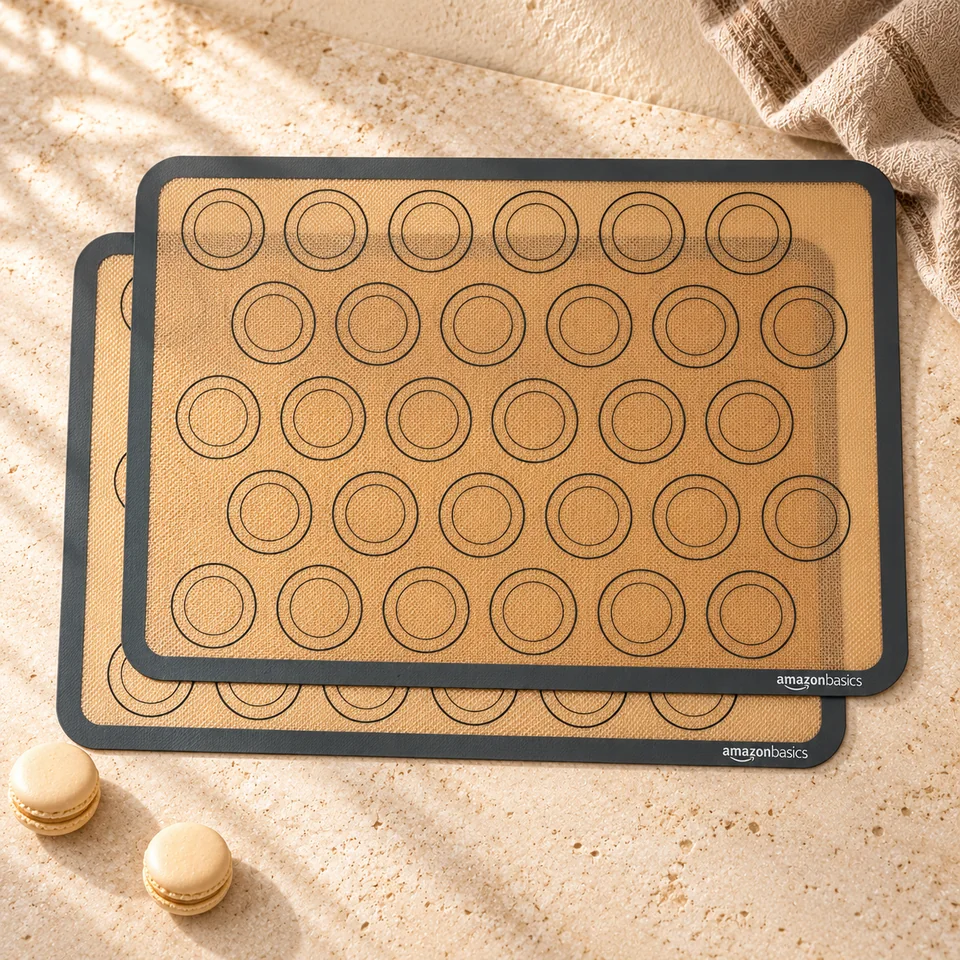Deux tapis pour macarons de Amazon Basics, mise en situation en pâtisserie