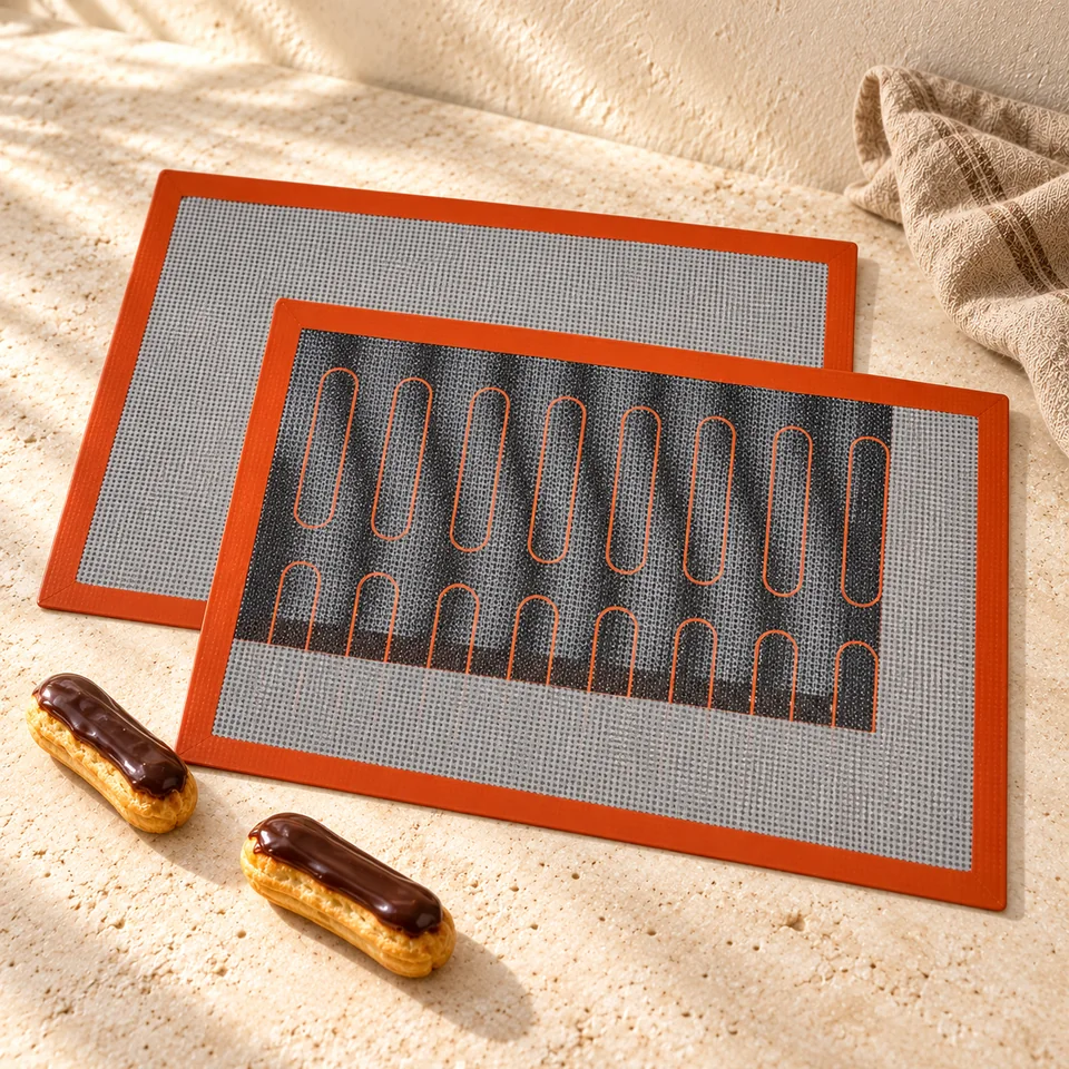 Deux tapis perforés 40 × 30 cm de Amazon Basics, mise en situation en pâtisserie