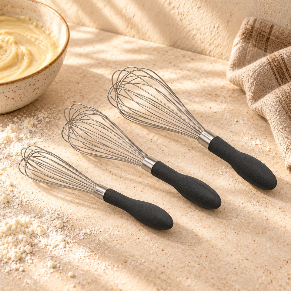 Trois fouets en inox de Amazon Basics, mise en situation en pâtisserie