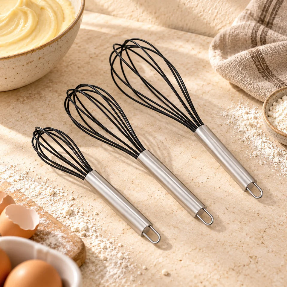 Trois fouets inox et silicone de Amazon Basics, mise en situation en pâtisserie