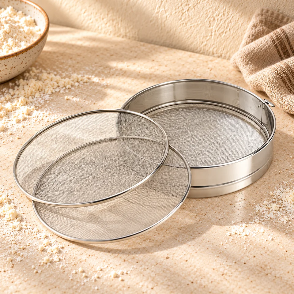 Tamis en inox à trois grilles de Artame, mise en situation en pâtisserie