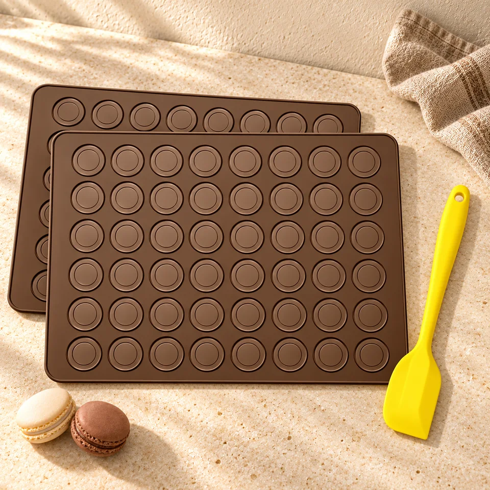 Deux tapis à macarons avec spatule de Belmalia, mise en situation en pâtisserie