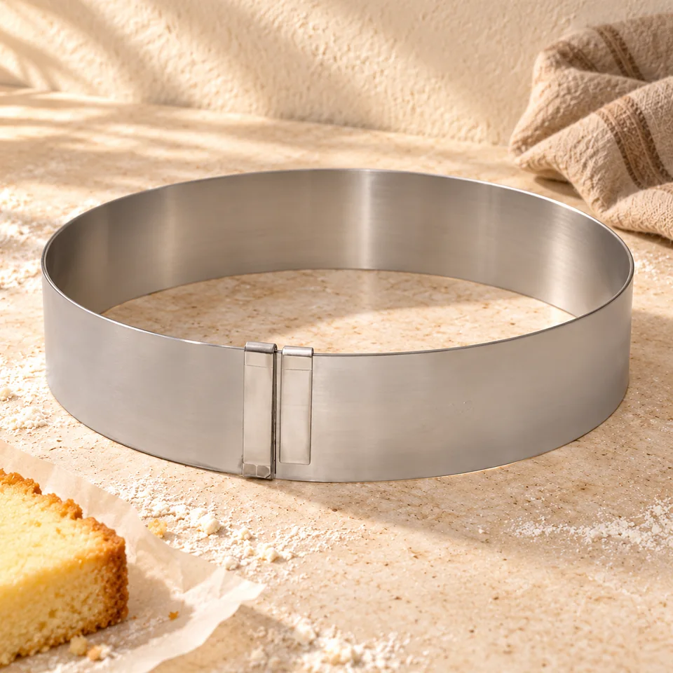 Cercle extensible en inox 18 à 36 cm de De Buyer, mise en situation en pâtisserie