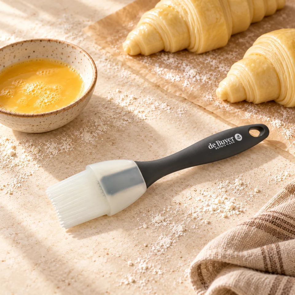 Pinceau silicone 19 × 3 cm de De Buyer, mise en situation en pâtisserie