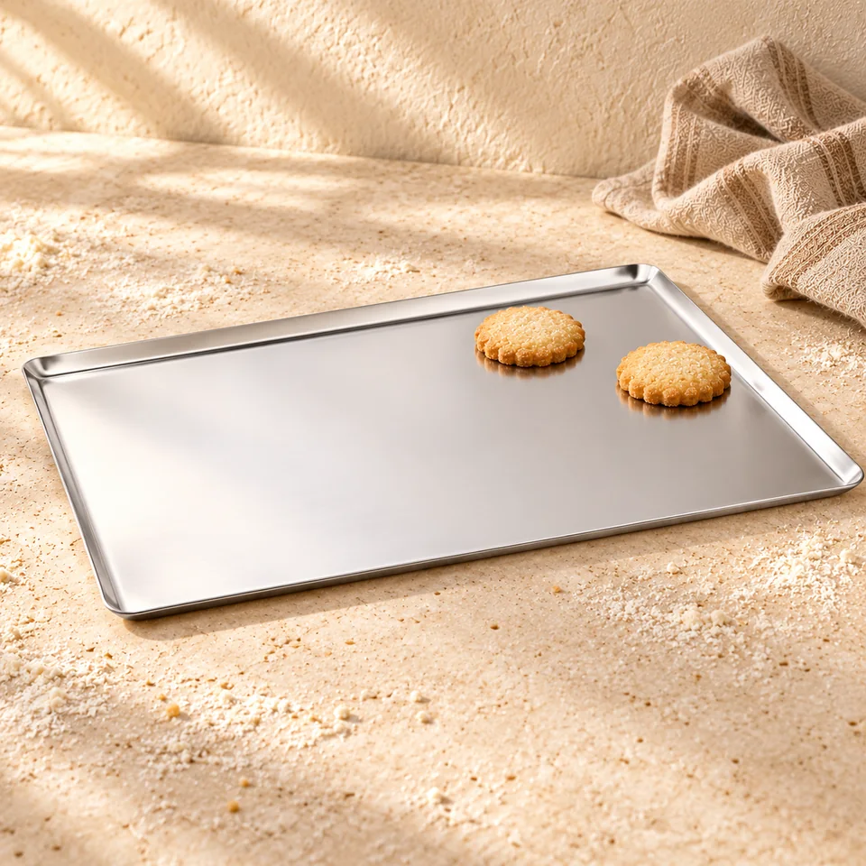 Plaque rectangulaire en inox 40 × 30 cm de De Buyer, mise en situation en pâtisserie
