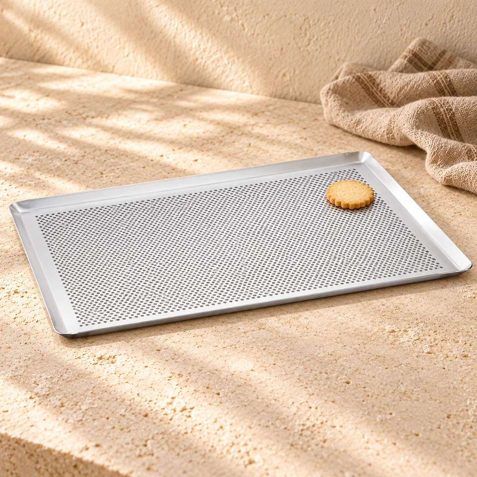 Plaque aluminium perforée 40 × 30 cm de De Buyer, mise en situation en pâtisserie