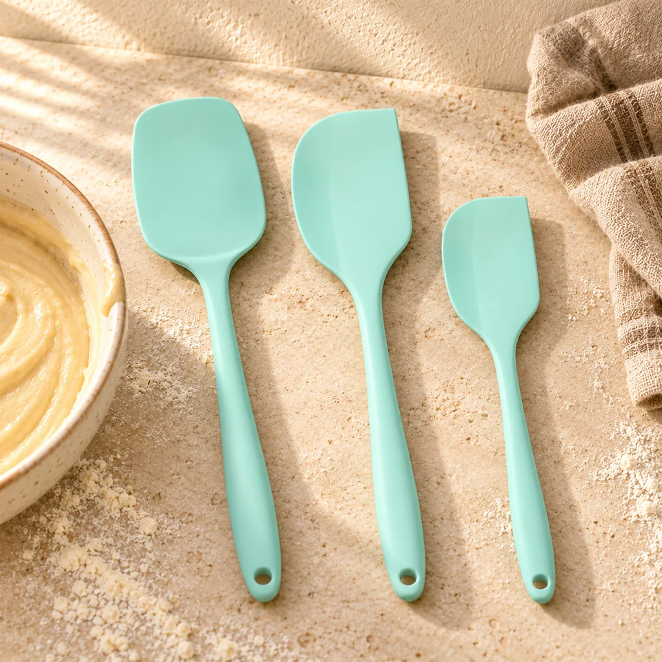 Trois spatules bleu ciel de EASYLAVIE, mise en situation en pâtisserie