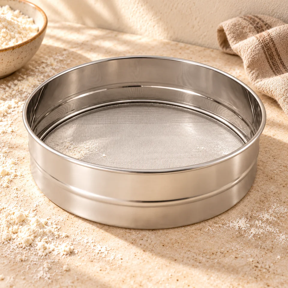 Tamis fin en inox 22,5 cm de FMprofessional, mise en situation en pâtisserie