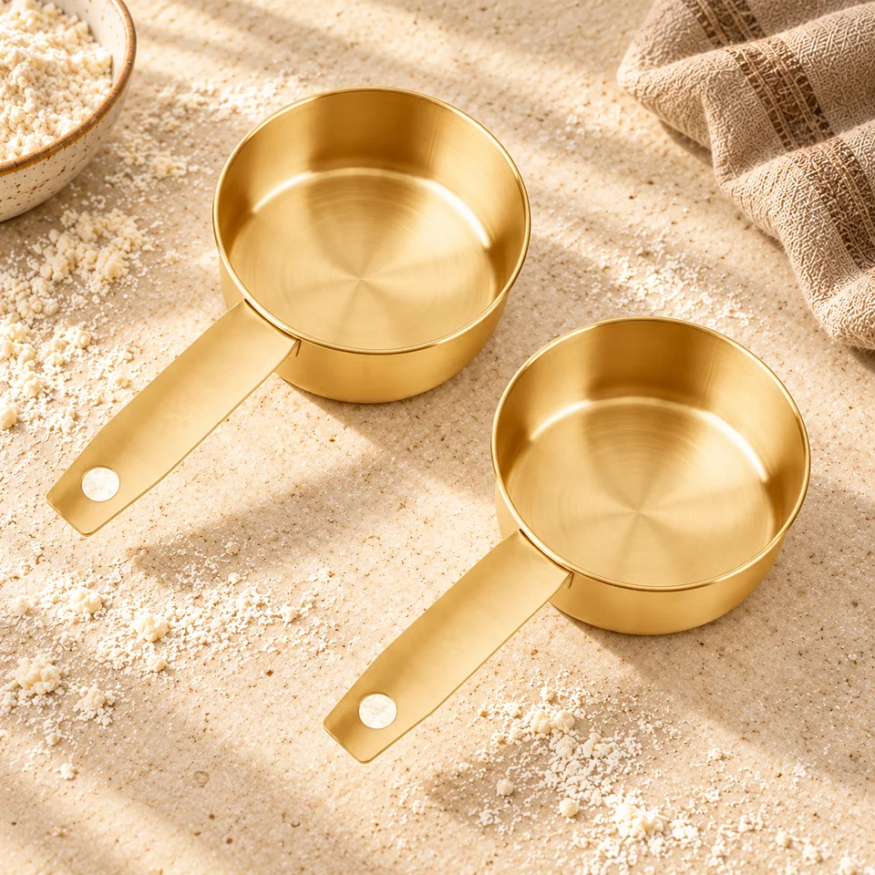 Deux mesures inox de 125 ml de Goktvai, mise en situation en pâtisserie