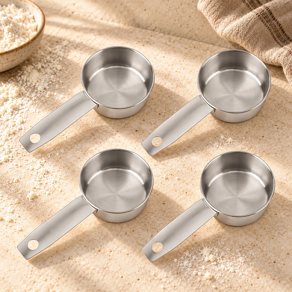 Quatre mesures inox de 60 ml de Goktvai, mise en situation en pâtisserie