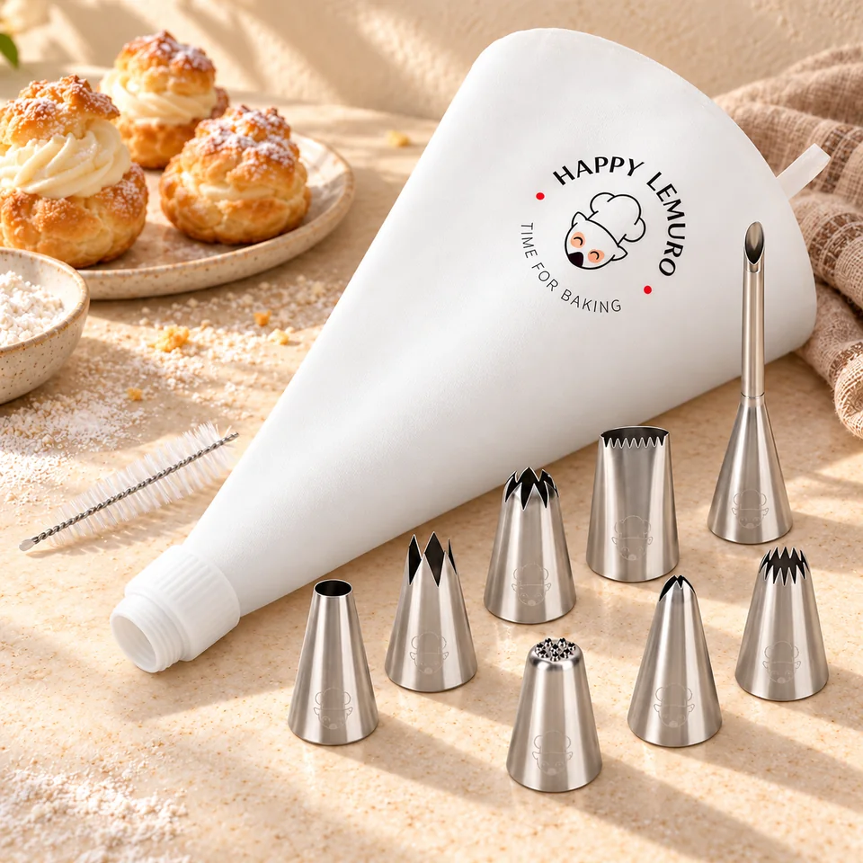 Kit de pochage avec poche en coton 40 cm de Happy Lemuro, mise en situation en pâtisserie
