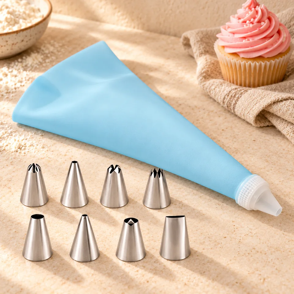 Huit douilles et une poche en silicone de ILLUVA, mise en situation en pâtisserie