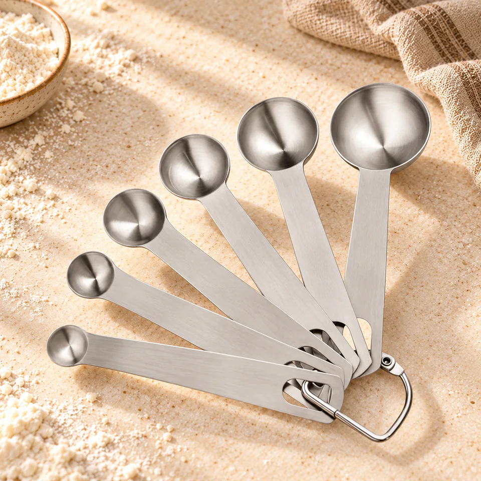 Six cuillères doseuses en inox de JETONN, mise en situation en pâtisserie