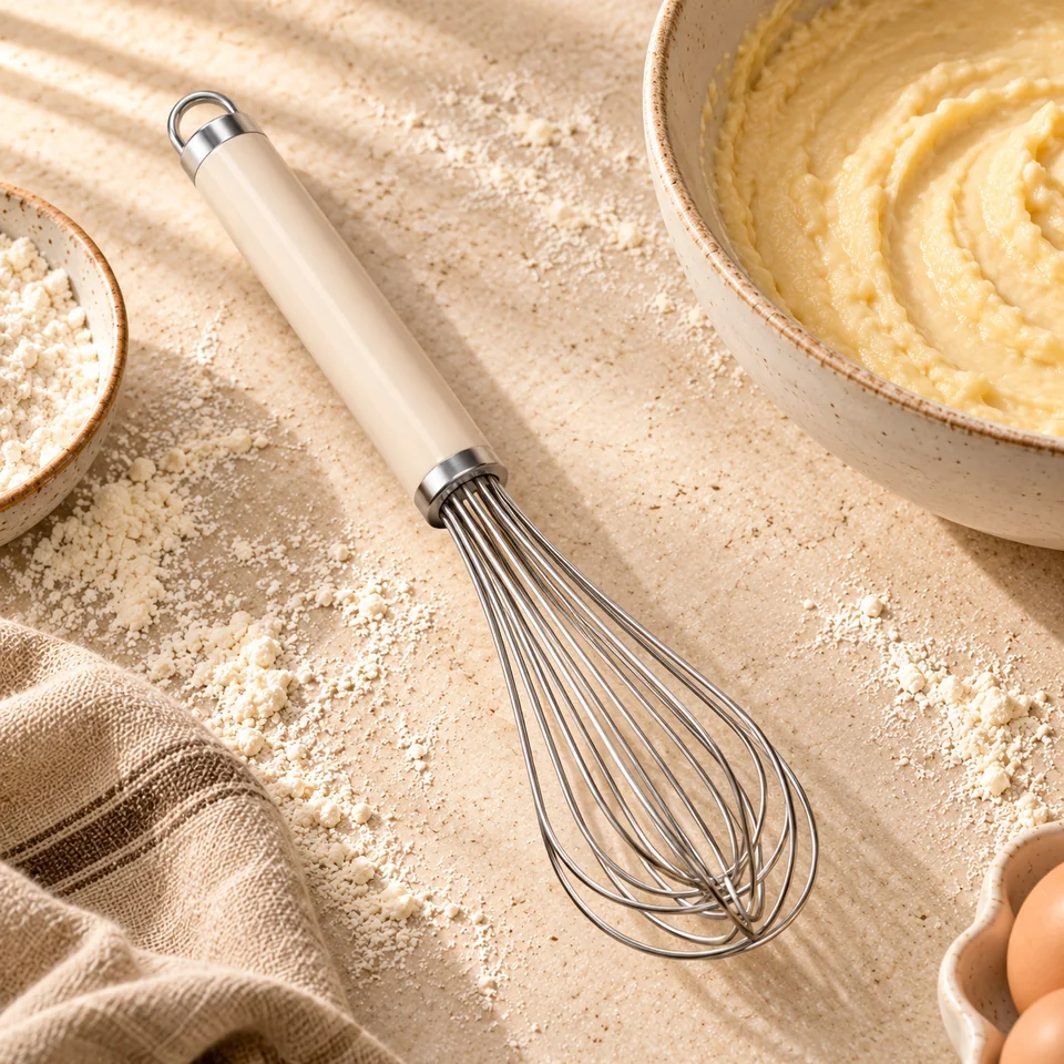 Fouet en inox blanc amande de KitchenAid, mise en situation en pâtisserie