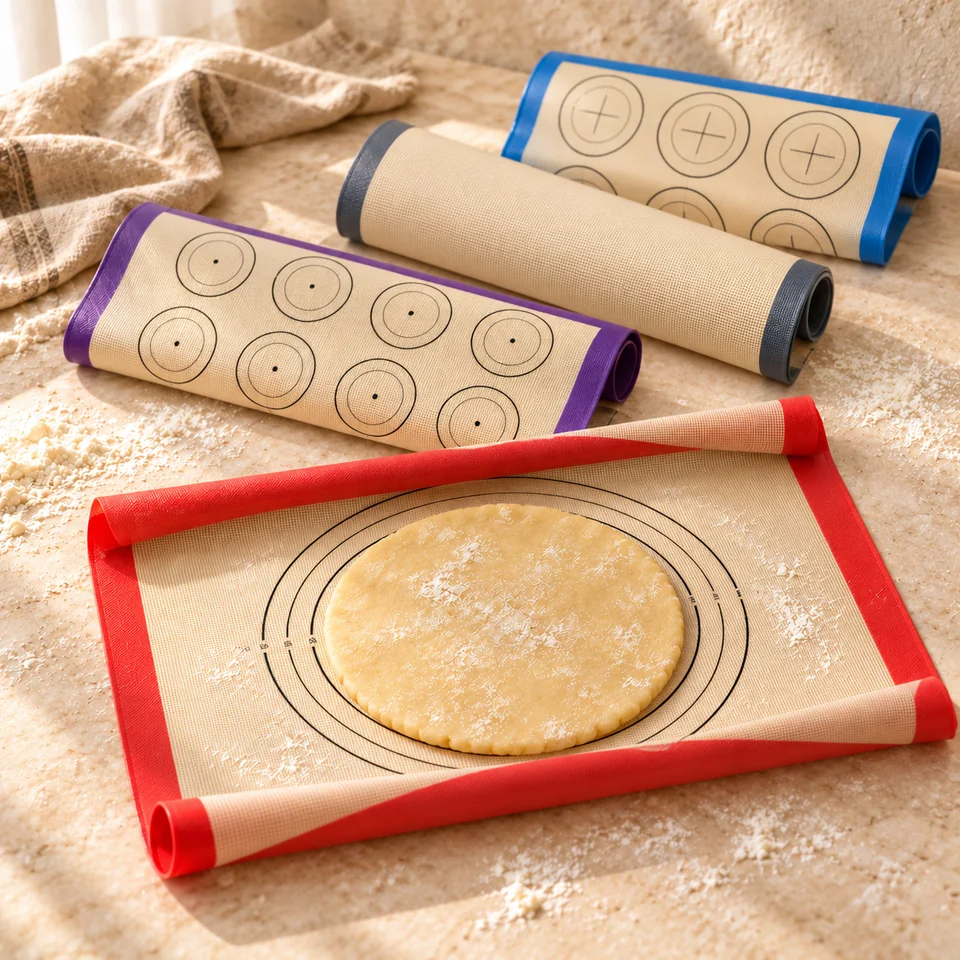Quatre tapis de cuisson gradués de Lazymi, mise en situation en pâtisserie