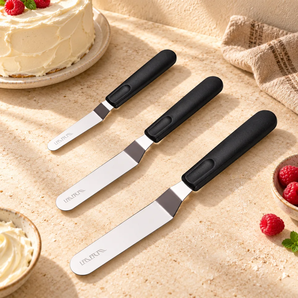 Trois spatules coudées en inox de LEGERM, mise en situation en pâtisserie