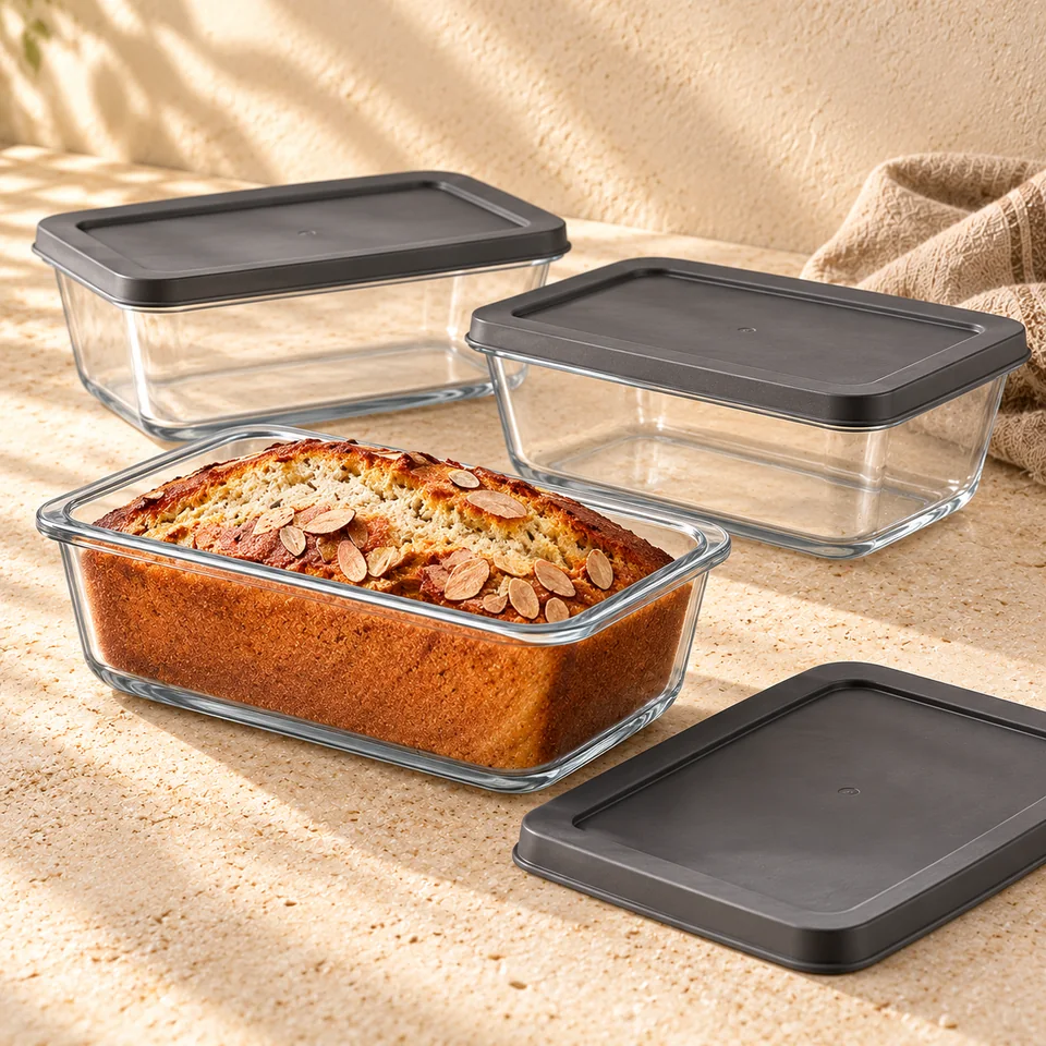 Trois moules à cake en verre avec couvercles de NutriChef, mise en situation en pâtisserie