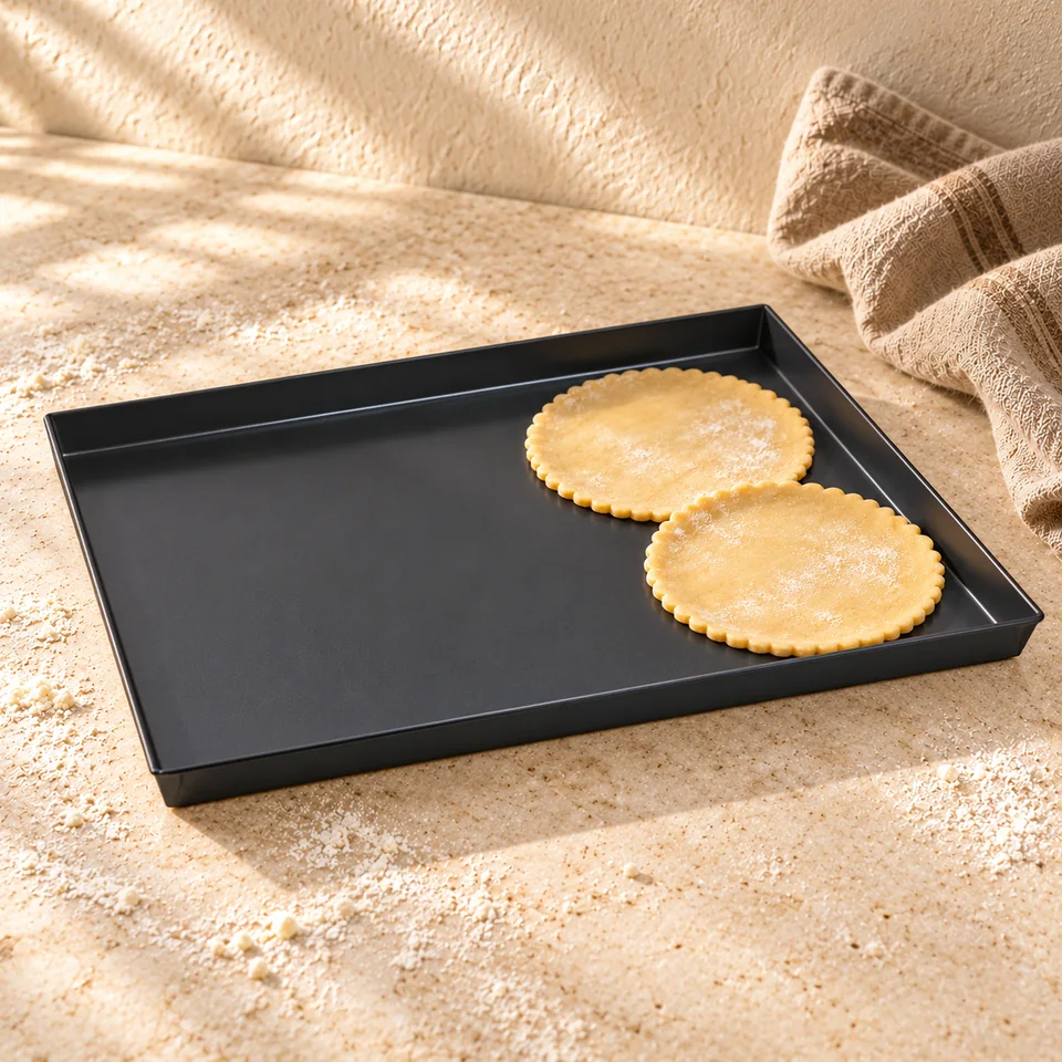 Plaque à bords hauts 40 × 30 × 3 cm de PADERNO, mise en situation en pâtisserie