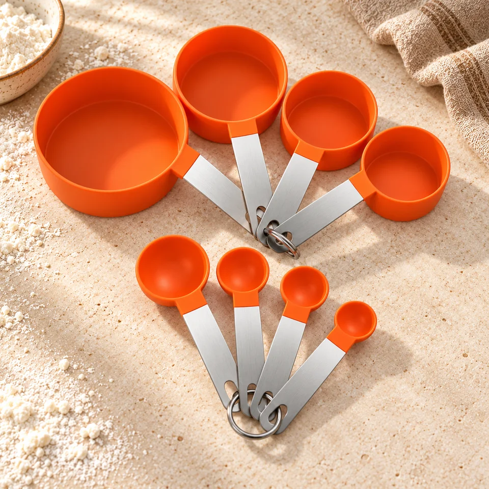 Huit tasses et cuillères orange de PARENCE, mise en situation en pâtisserie