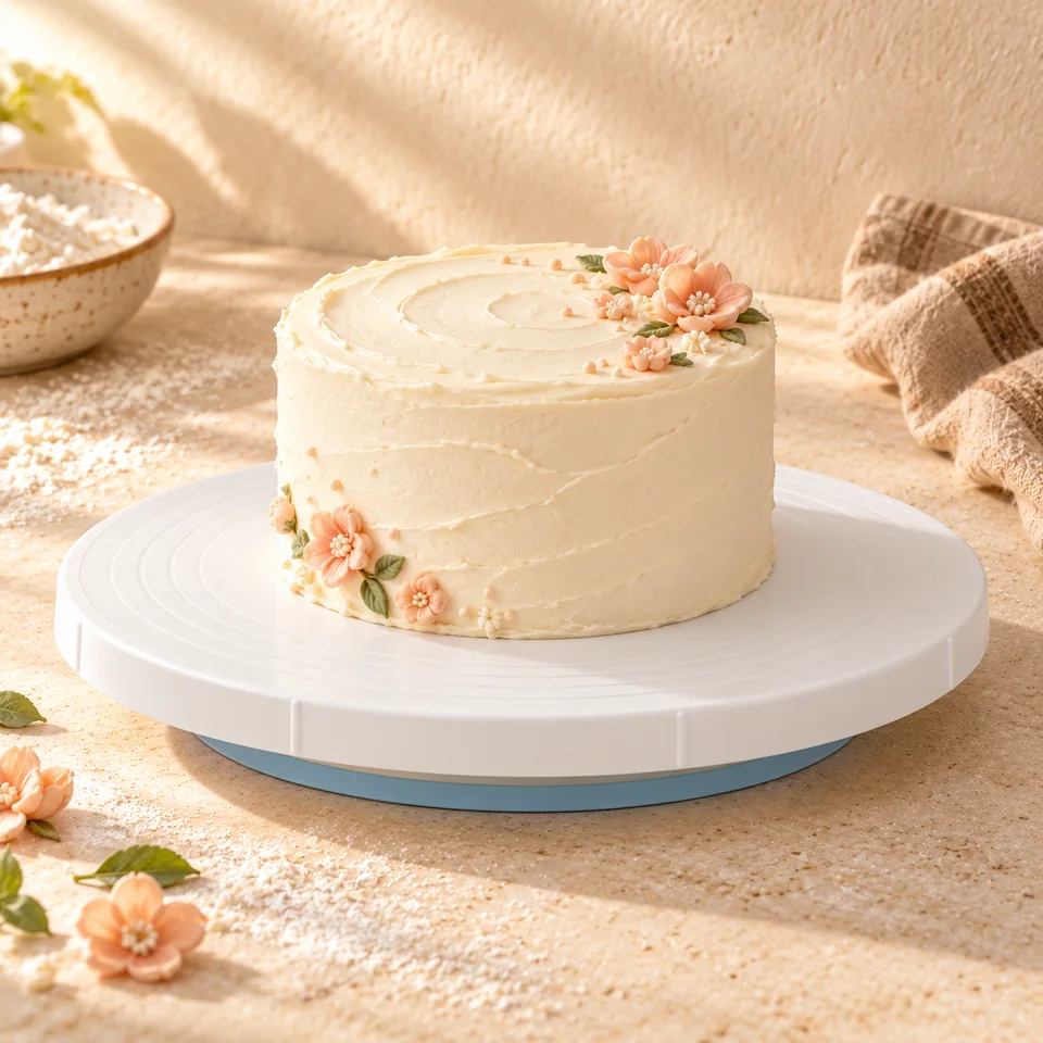 Plateau tournant blanc 27 cm de patisse, mise en situation en pâtisserie