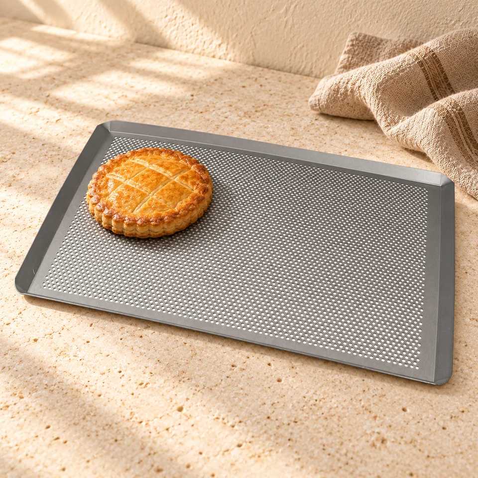Plaque perforée Silver-Top 40 × 30 cm de patisse, mise en situation en pâtisserie