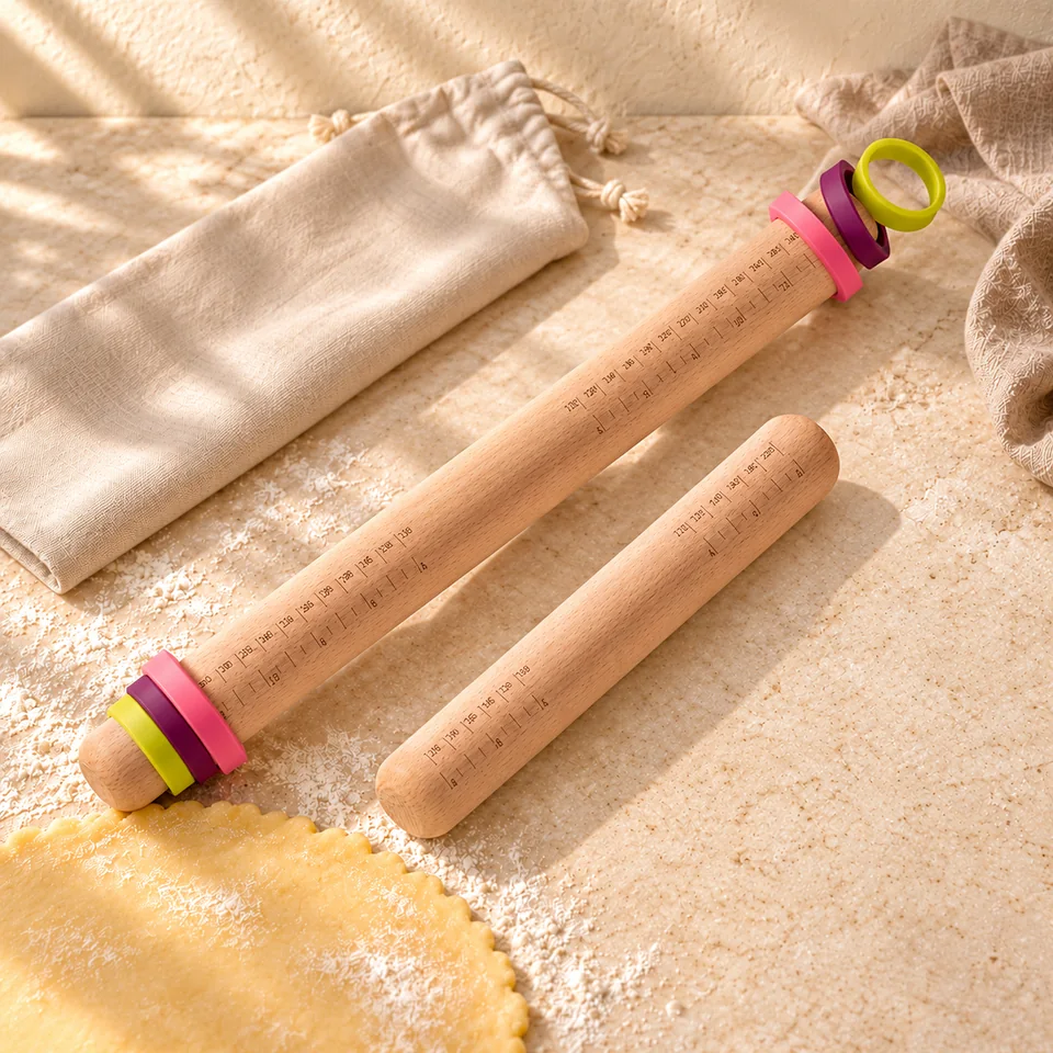 Deux rouleaux en bois avec anneaux de Praknu, mise en situation en pâtisserie