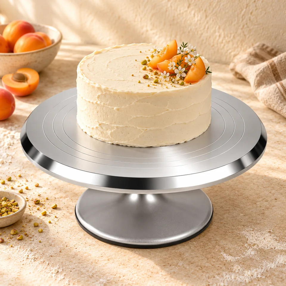 Plateau tournant en aluminium 30 cm de QWORK, mise en situation en pâtisserie