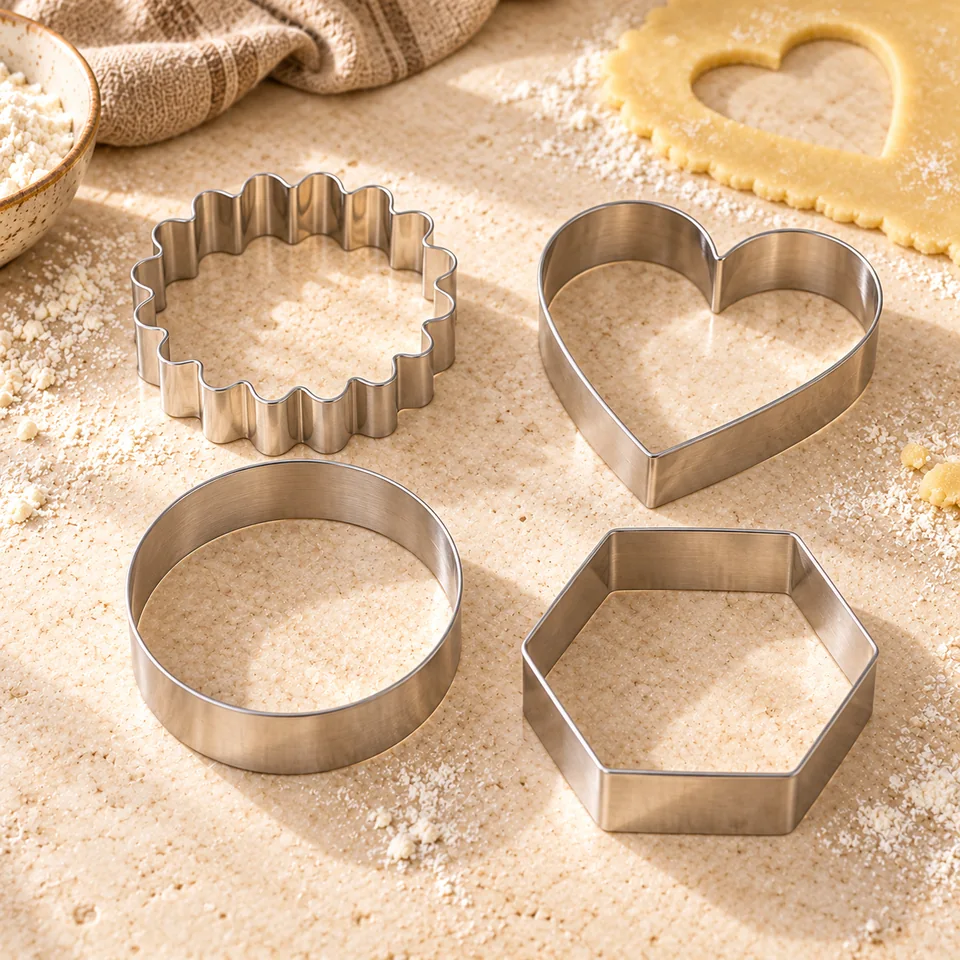 Quatre découpoirs à biscuits en inox de ScrapCooking, mise en situation en pâtisserie