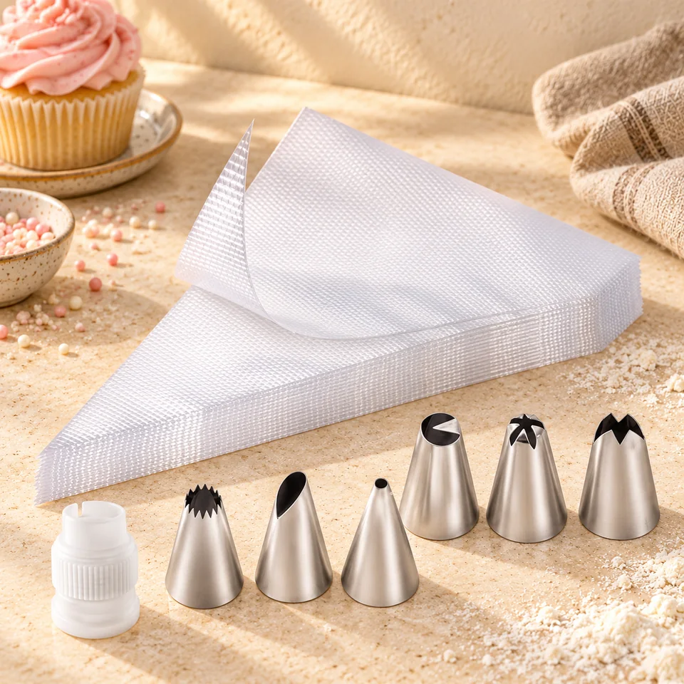 Cent poches, six douilles et adaptateur de soodyoow, mise en situation en pâtisserie