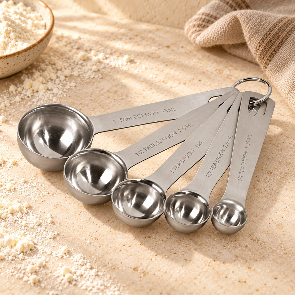 Cinq cuillères doseuses en inox de Tala, mise en situation en pâtisserie