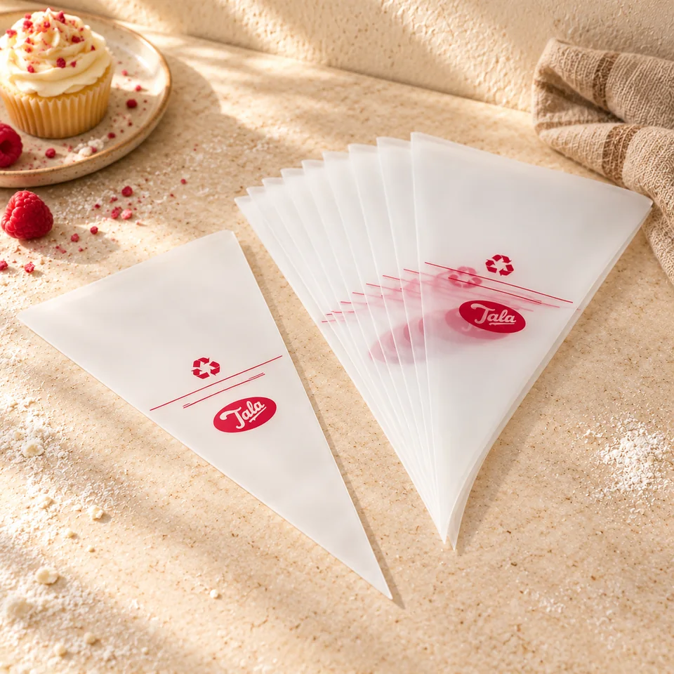Dix poches jetables 16,5 × 31 cm de Tala, mise en situation en pâtisserie