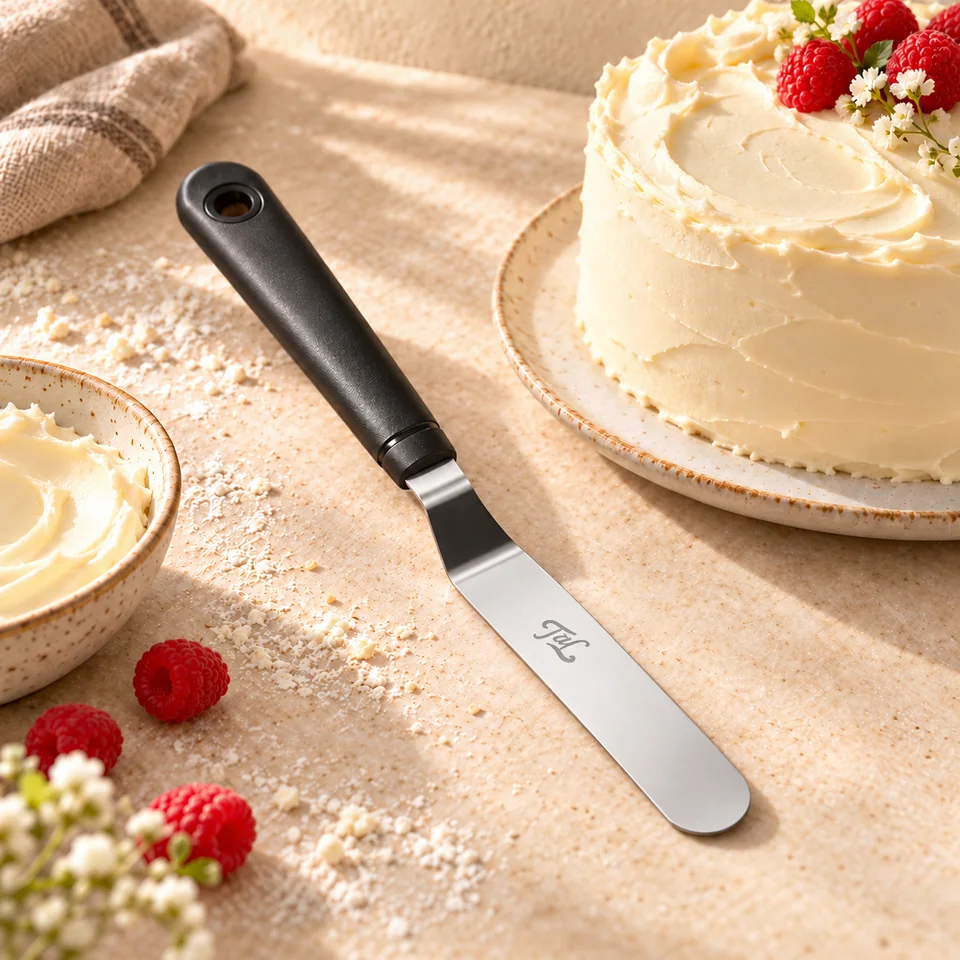 Spatule coudée en inox 21,5 cm de Tala, mise en situation en pâtisserie
