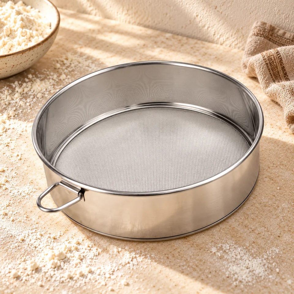 Tamis en inox 30 cm de TANCUDER, mise en situation en pâtisserie