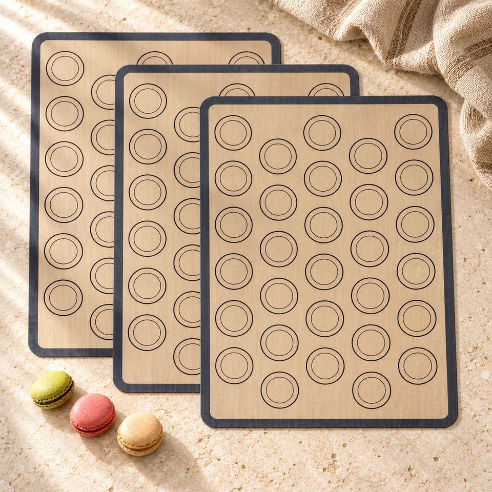 Trois tapis à macarons 42 × 29,5 cm de TESSTSY, mise en situation en pâtisserie