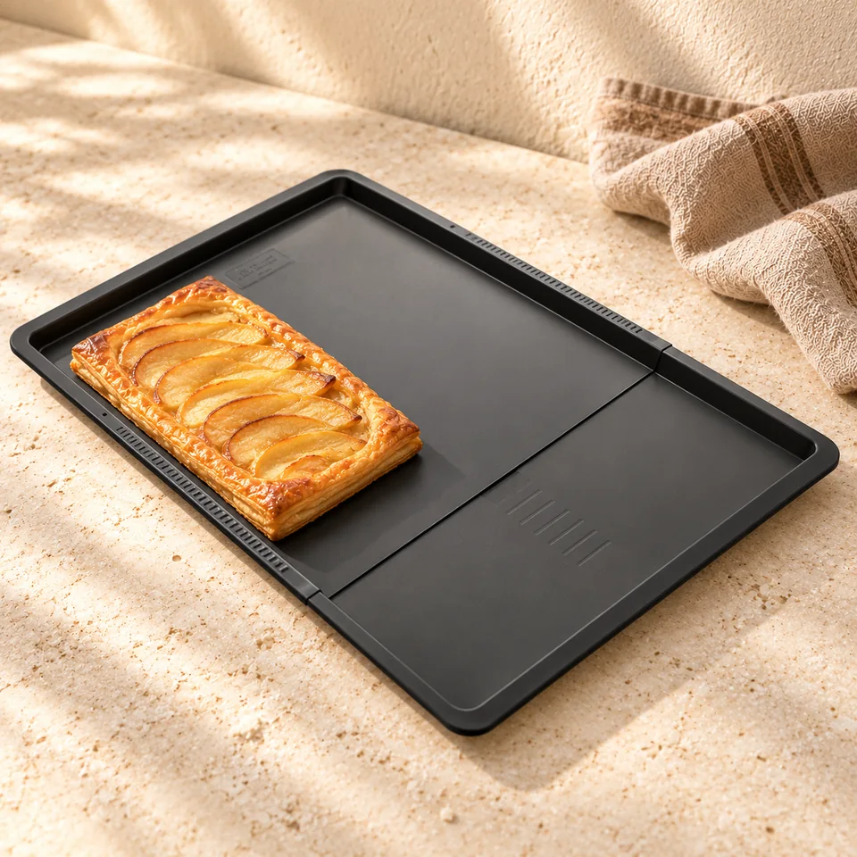 Plaque extensible 37 à 52 cm, bord 1,5 cm de Zenker, mise en situation en pâtisserie