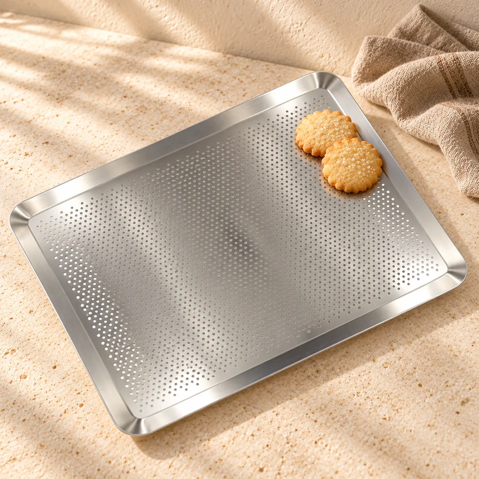 Plaque perforée en inox 40 × 30 cm de Zenker, mise en situation en pâtisserie